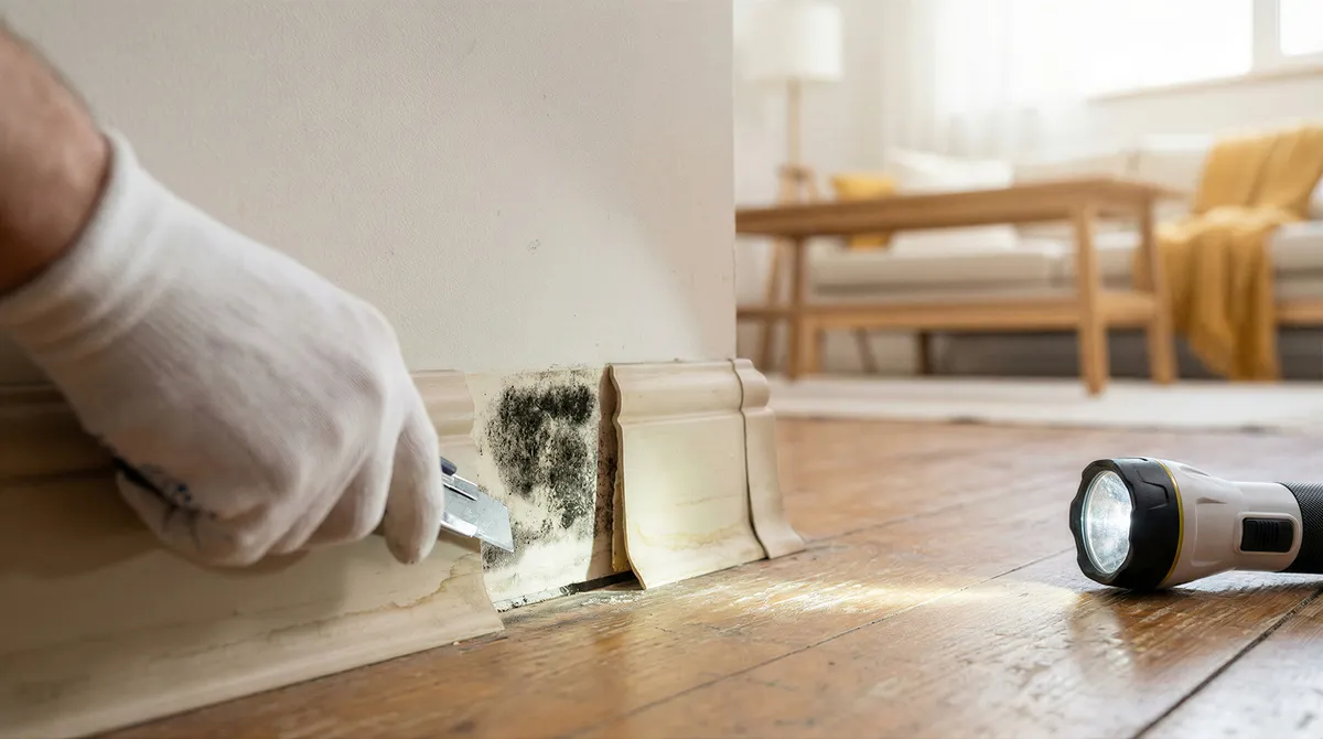 Belys Bau GmbH – Bauunternehmen – Eine behandschuhte Hand kratzt vorsichtig mit einem Cuttermesser dunklen Schimmel von einer Holzfußleiste ab, beleuchtet von einer Taschenlampe.