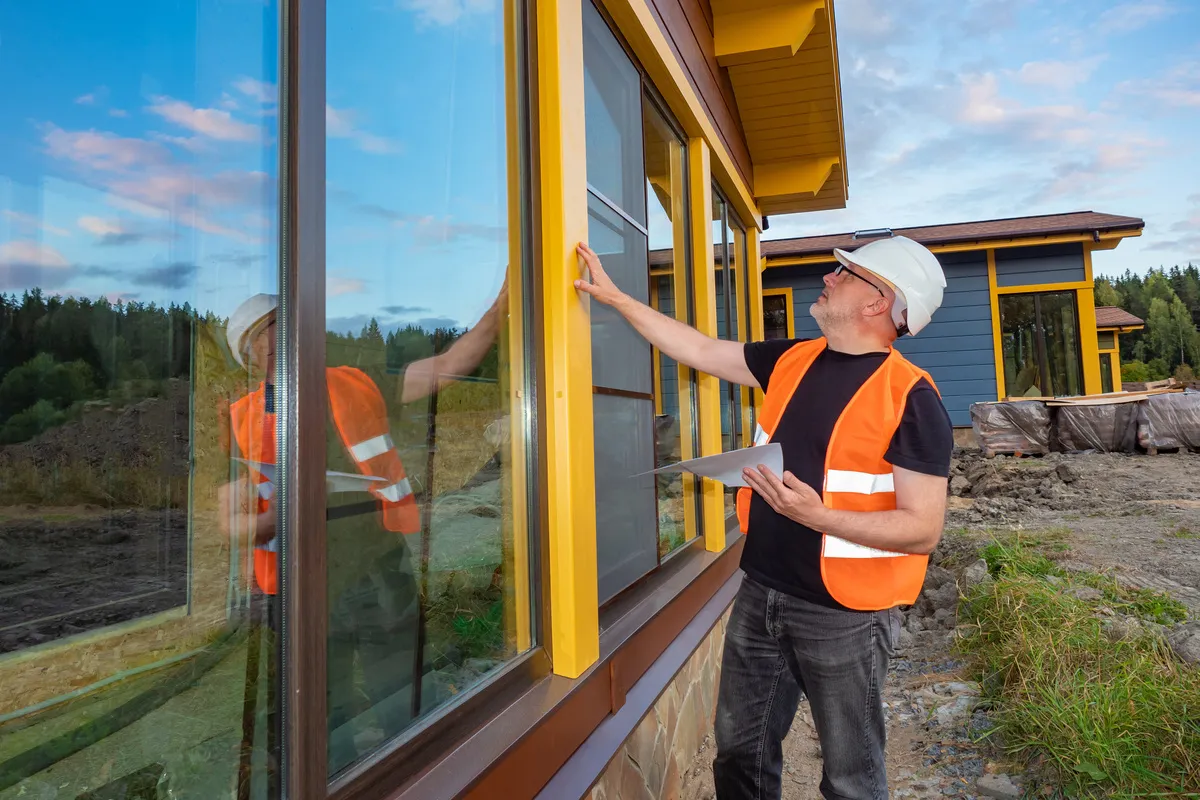 Belys Bau GmbH - Bauunternehmen - Abnahme von Bauleistungen. Ingenieur mit weißem Helm neben dem fertigen Haus